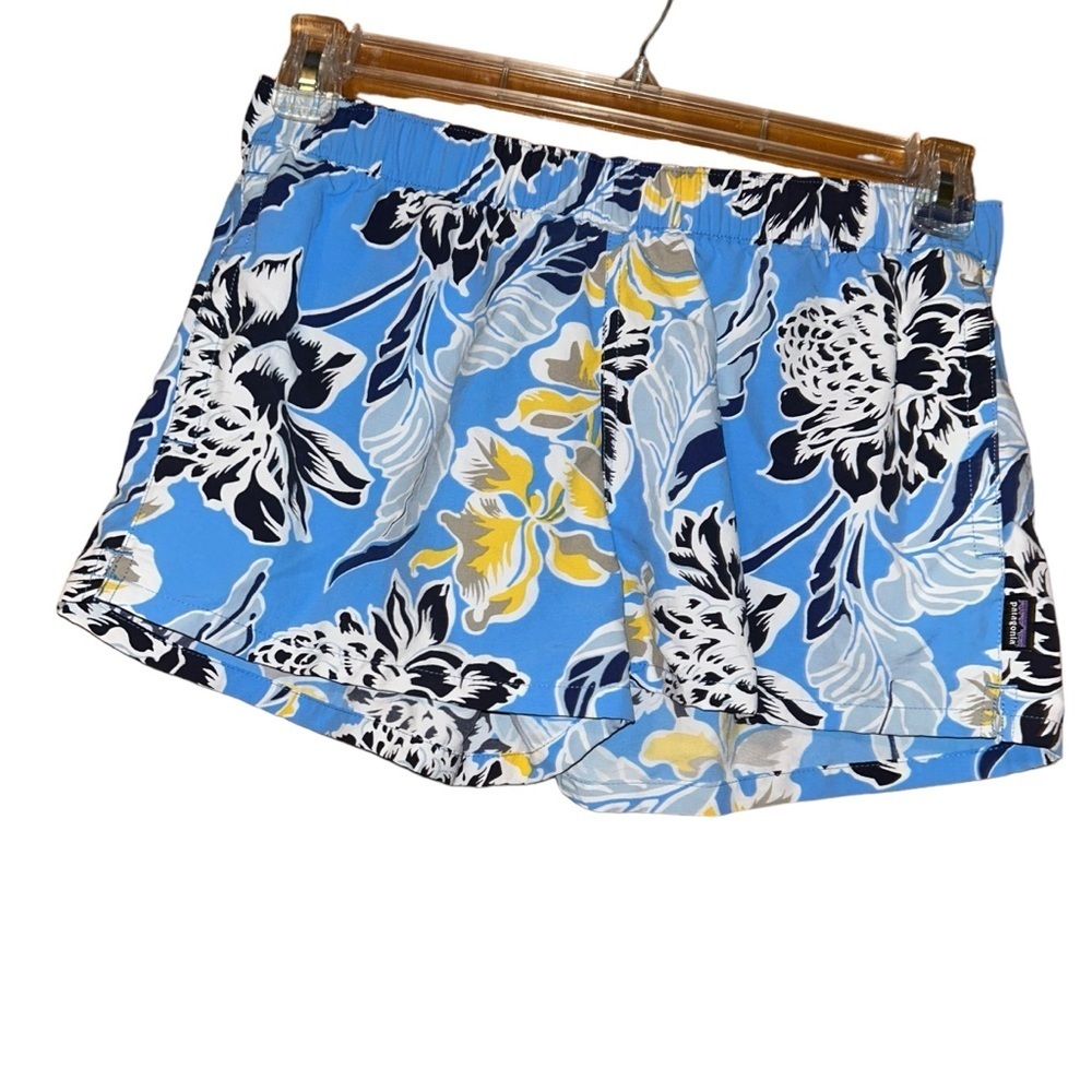 Women Patagonia Barely Baggies 2.5” blue floral Nylon Drawstring Shorts Medium